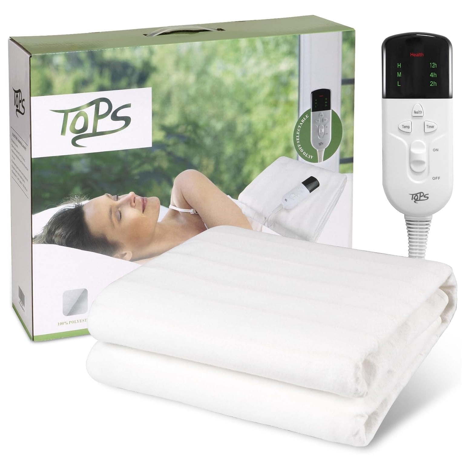 TOPS Electric Blanket Double Heated Underblanket 160 x 140cm, 3 Heat Settings, 3 Levels of Auto-off Timer, Overheat Protection, Machine Washable, Warm Polyester Bed Warmer