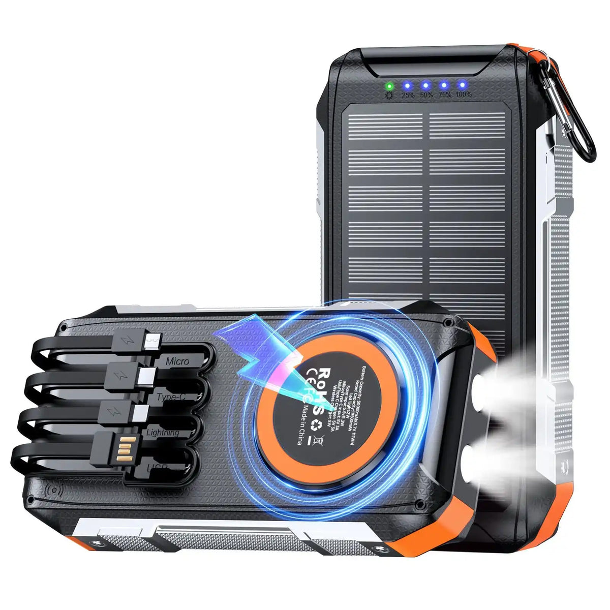 TUTT Solar Power Bank 30,000mAh Rugged Magnetic Wireless Power Bank | MagSafe Built-in Cables, Flashlight | USB-C/Lightning/Micro-USB