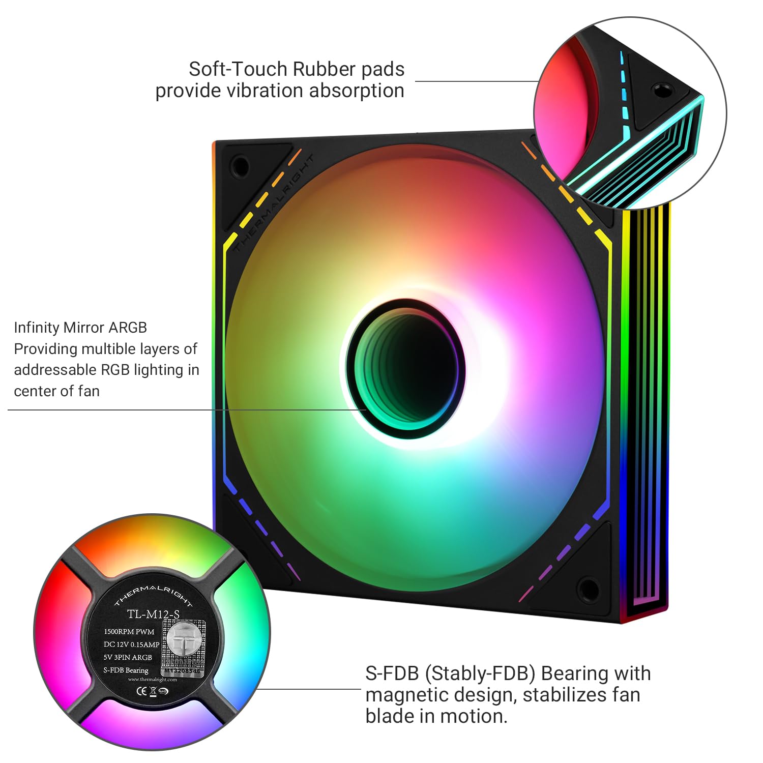 Thermalright TL-M12-S Case Fan 120mm ARGB CPU Cooler Fan Comes with ARGB Mirror Light Effect,PC PWM Silent Fan with 1500RPM Speed