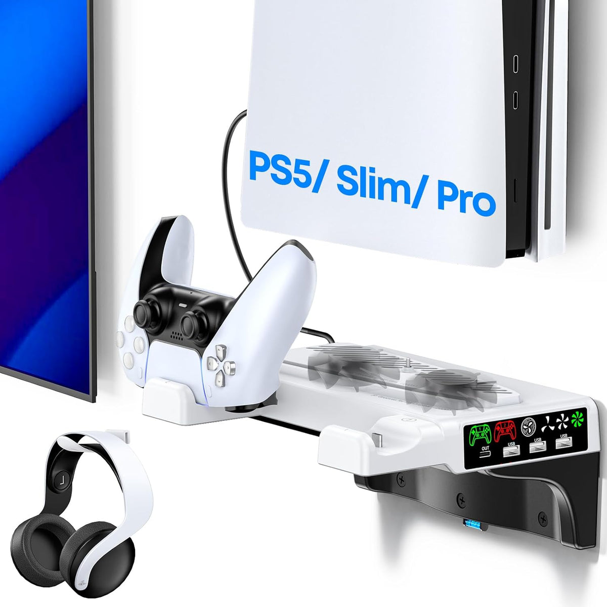 Tokluck PS5/Slim/Pro Wall Mount Kit with Cooling Fan & Charging Station, PS5 Shelf Floating Mount for All PlayStation 5/Slim/Pro Disc & Digital Console, PS 5 Wall Bracket Behind TV, PS Five Pro Accessories