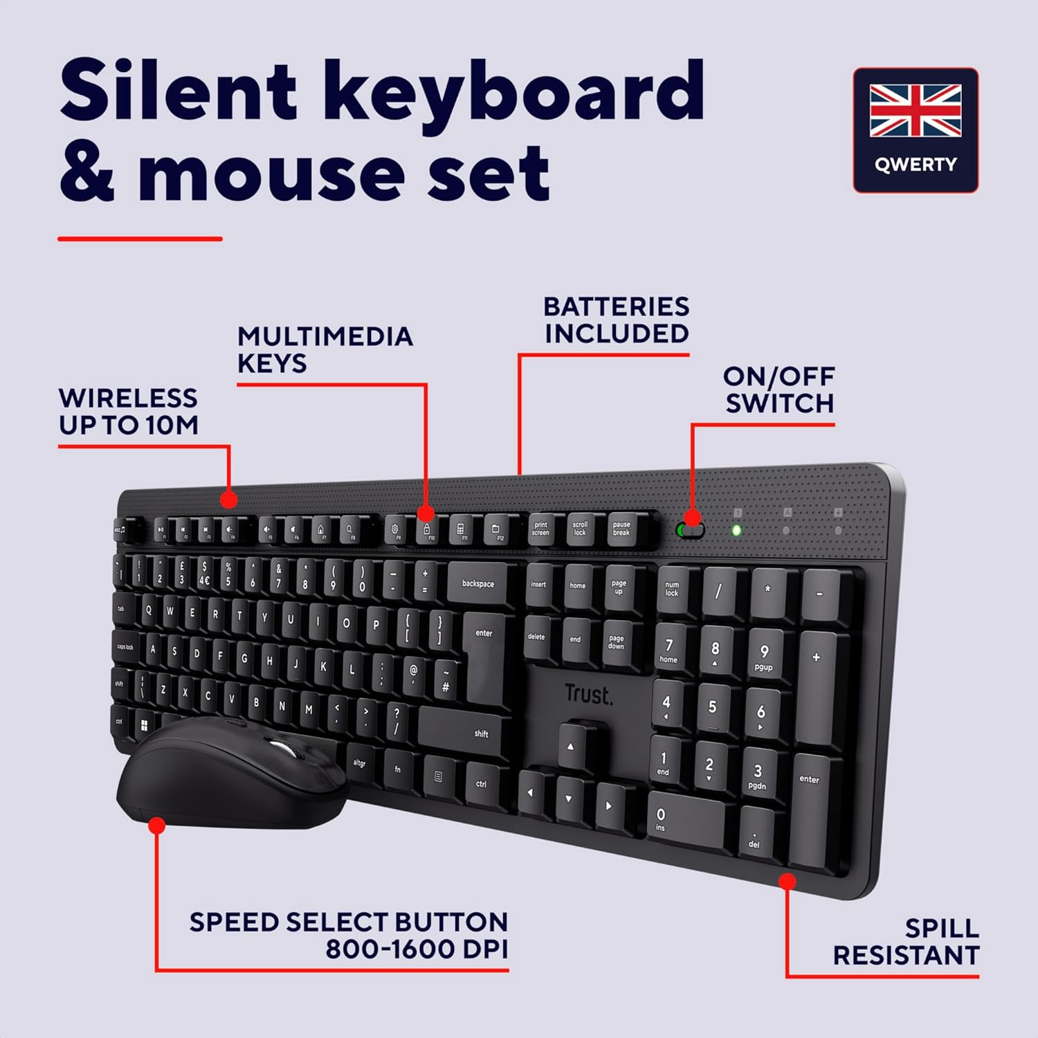 Trust ODY II Silent Wireless Keyboard and Mouse Set QWERTY UK Layout, Floating Low Profile Keys, Spill-Resistant, One USB Receiver, Ambidextrous Mouse 800-1600 DPI, Quiet Combo for PC Laptop Mac