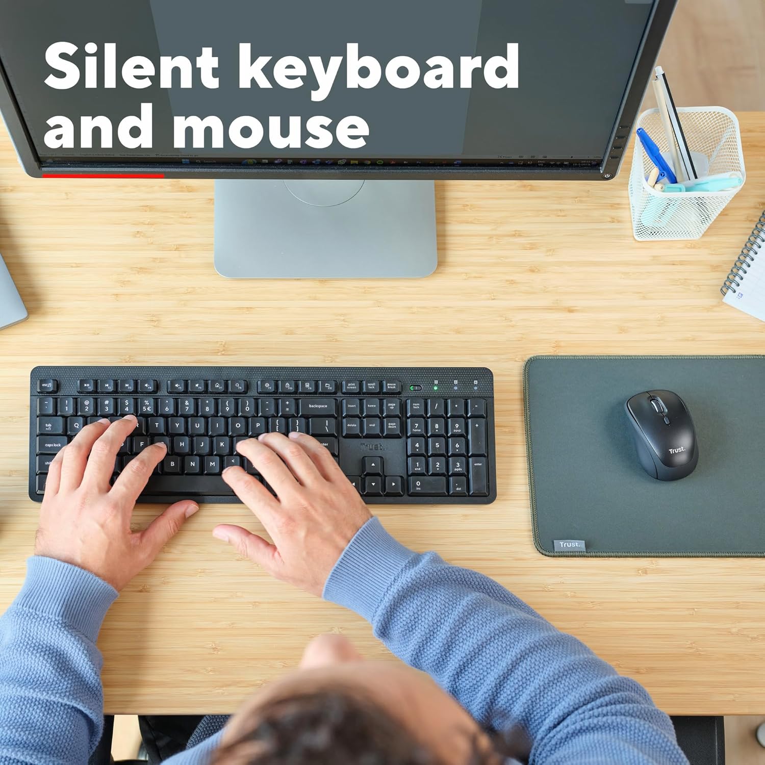 Trust ODY II Silent Wireless Keyboard and Mouse Set QWERTY UK Layout, Floating Low Profile Keys, Spill-Resistant, One USB Receiver, Ambidextrous Mouse 800-1600 DPI, Quiet Combo for PC Laptop Mac