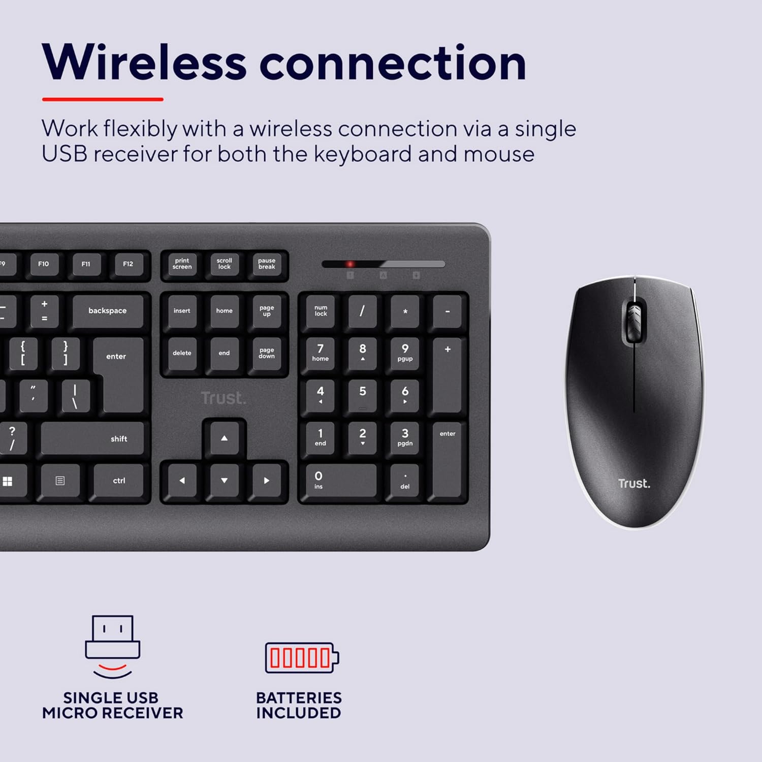 Trust Primo Wireless Keyboard and Mouse Set QWERTY UK Layout, Low Profile Keys, Spill-Resistant, One USB Receiver, Ambidextrous Wireless Mouse, Home Office Combo for PC Laptop