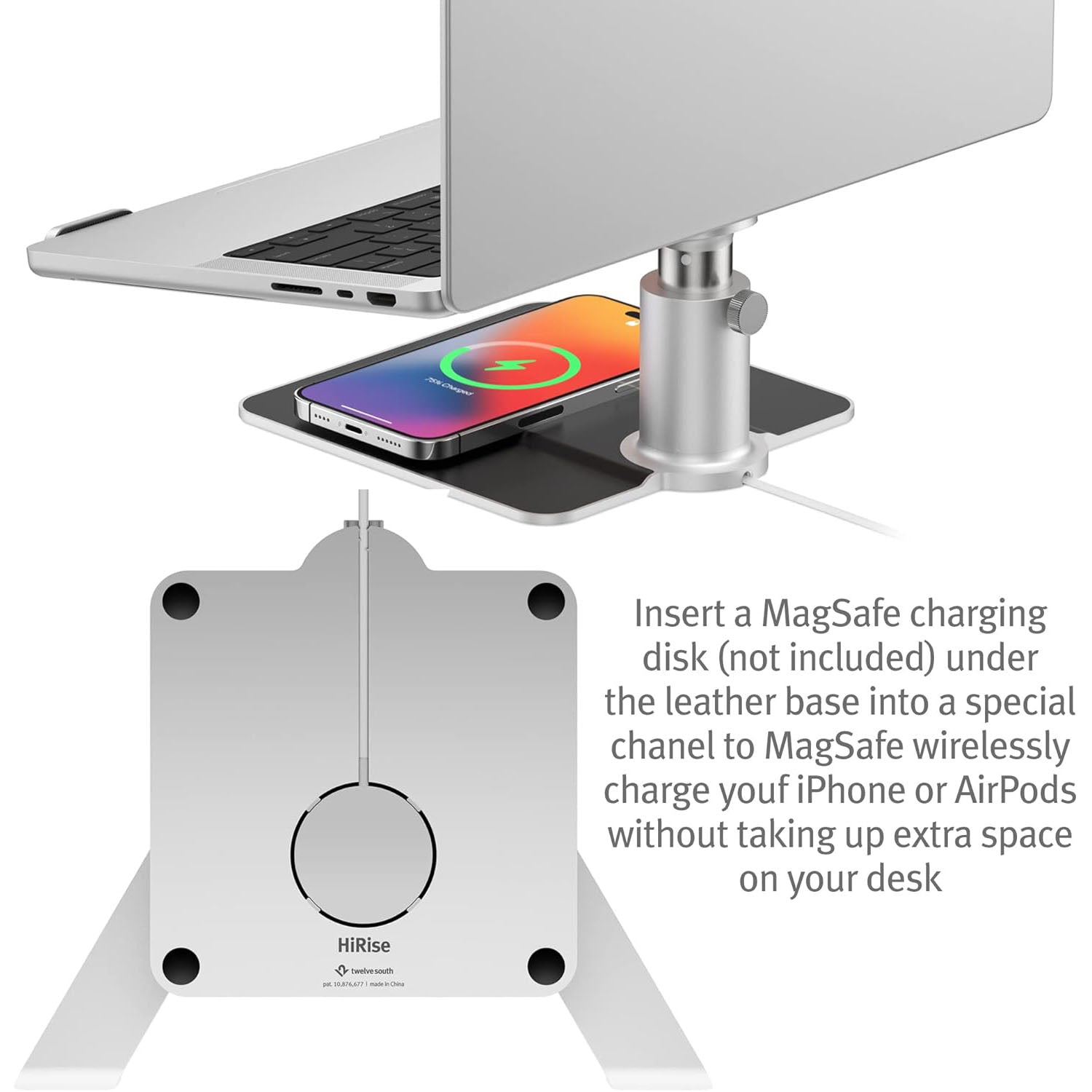 Twelve South HiRise Pro Adjustable Aluminium Stand for Macbook with MagSafe Wireless Charging Pad for iPhone or Airpods