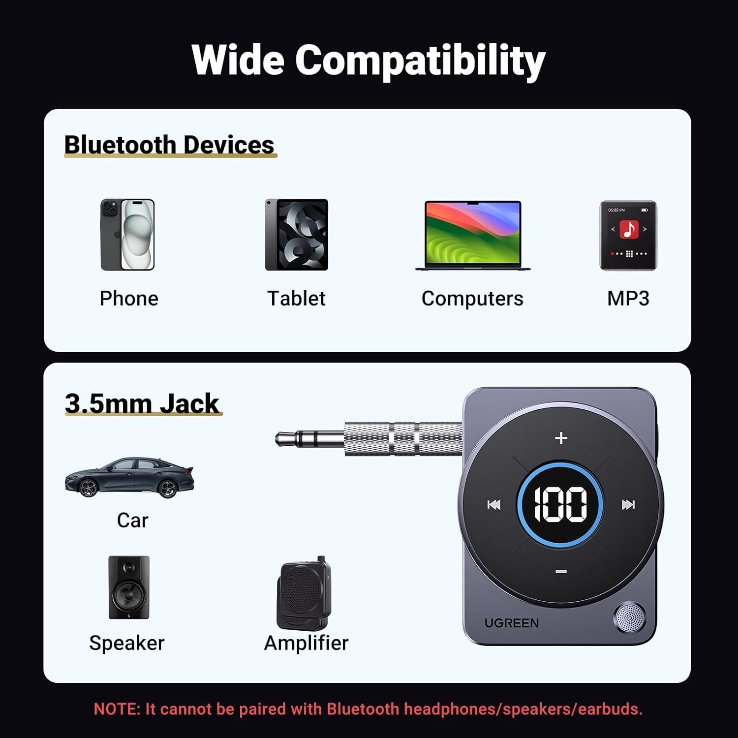 UGREEN 5.4 Bluetooth Car Adapter, [Noise Cancellation] Aux Bluetooth Receiver for Car, 3.5mm Wireless Audio Receiver for Music/Hands-Free Call