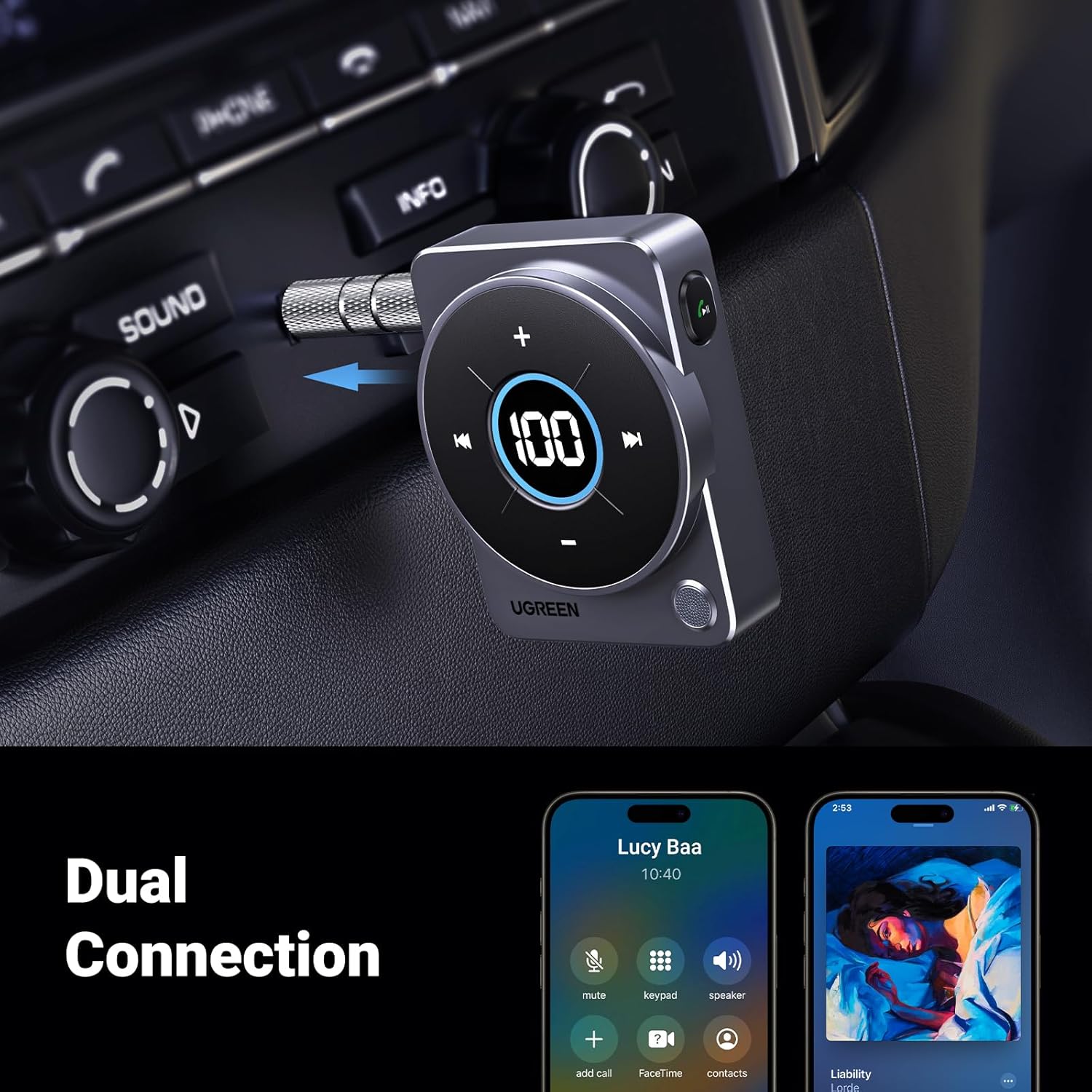 UGREEN 5.4 Bluetooth Car Adapter, [Noise Cancellation] Aux Bluetooth Receiver for Car, 3.5mm Wireless Audio Receiver for Music/Hands-Free Call