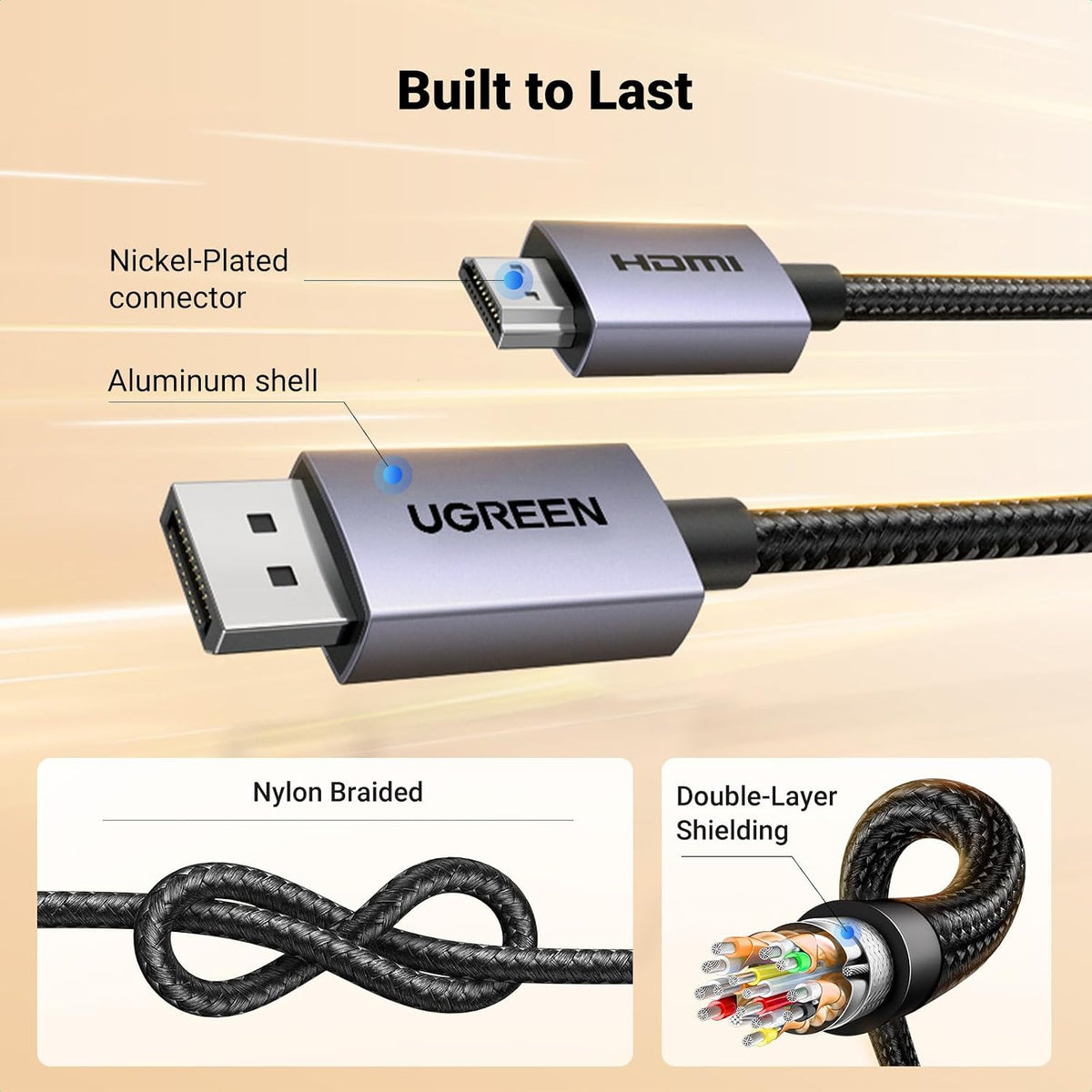 UGREEN DisplayPort to HDMI Cable, HDR Active 4K@30Hz, 2K@60Hz, 1080P@240Hz DP 1.2 Cord Aluminum Braided Uni-Directional Converter Compatible with Monitor, Projector, Dell, HP (6.6ft/2M)