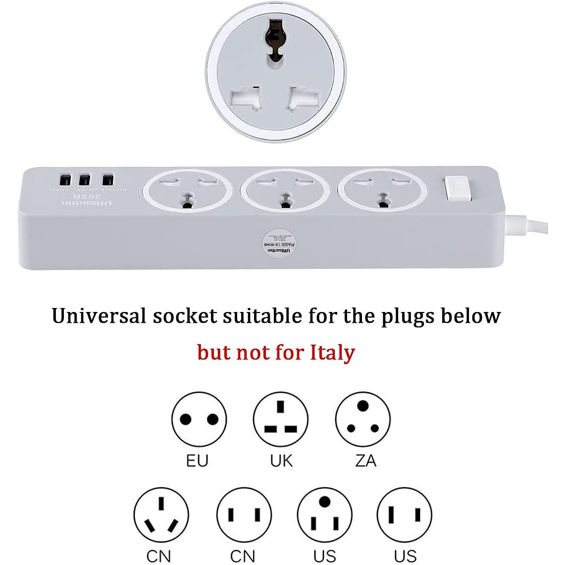 URbantin 3 Way Outlets Extension Lead with 3 USB Slots, Power Extension Socket
