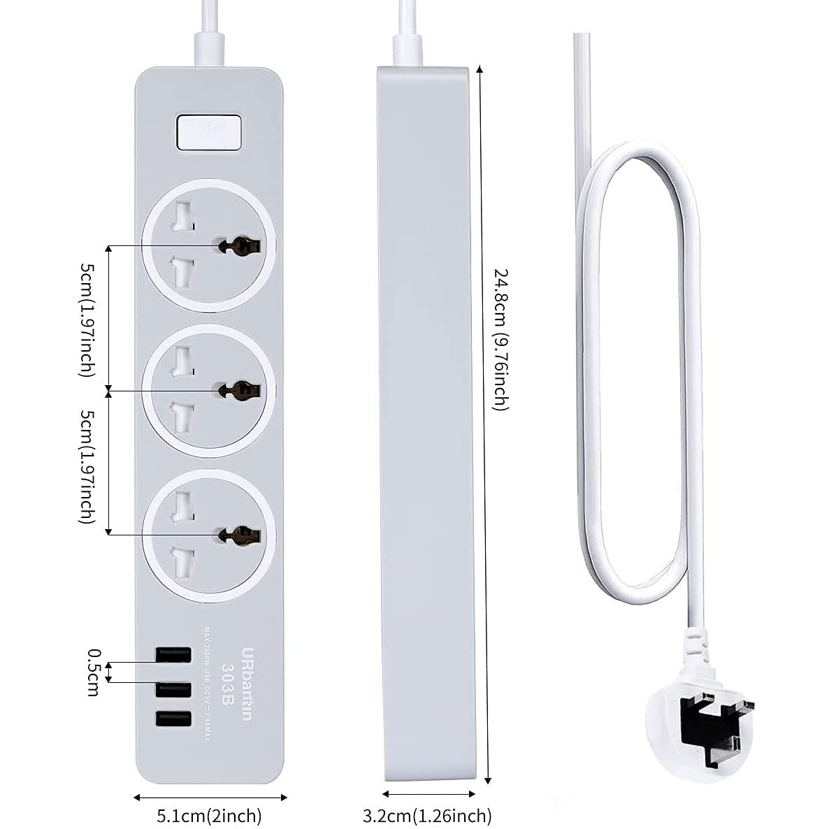 URbantin 3 Way Outlets Extension Lead with 3 USB Slots, Power Extension Socket
