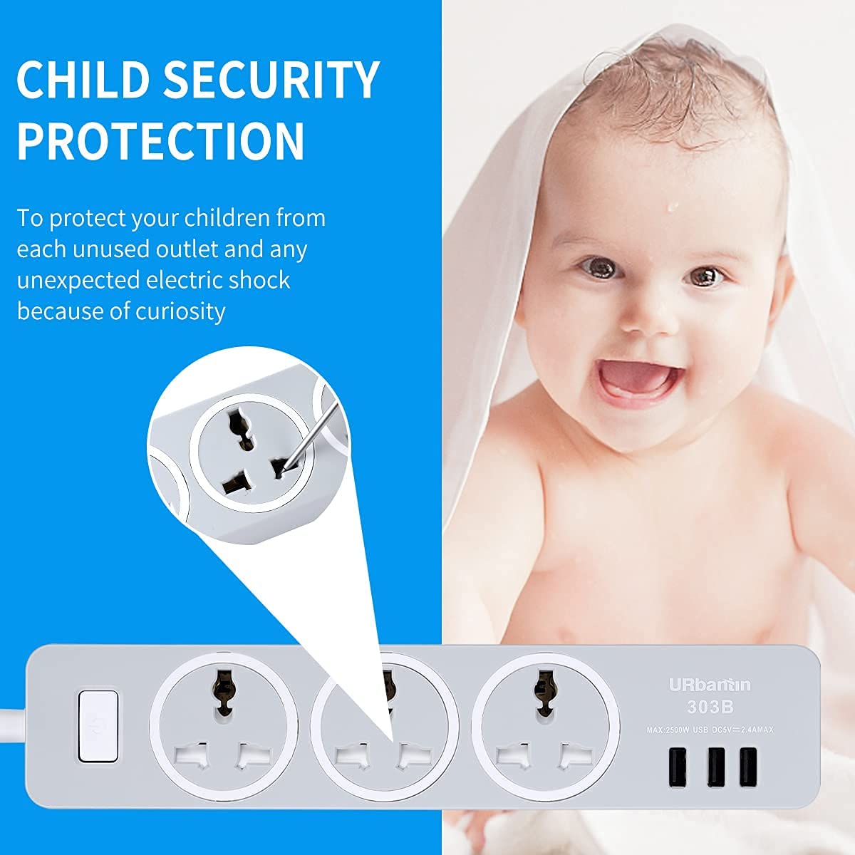 URbantin 3 Way Outlets Extension Lead with 3 USB Slots, Power Extension Socket