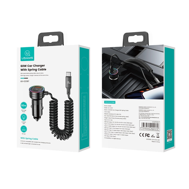 USAMS US-CC167 C33 60W Spring Cable Car Charger