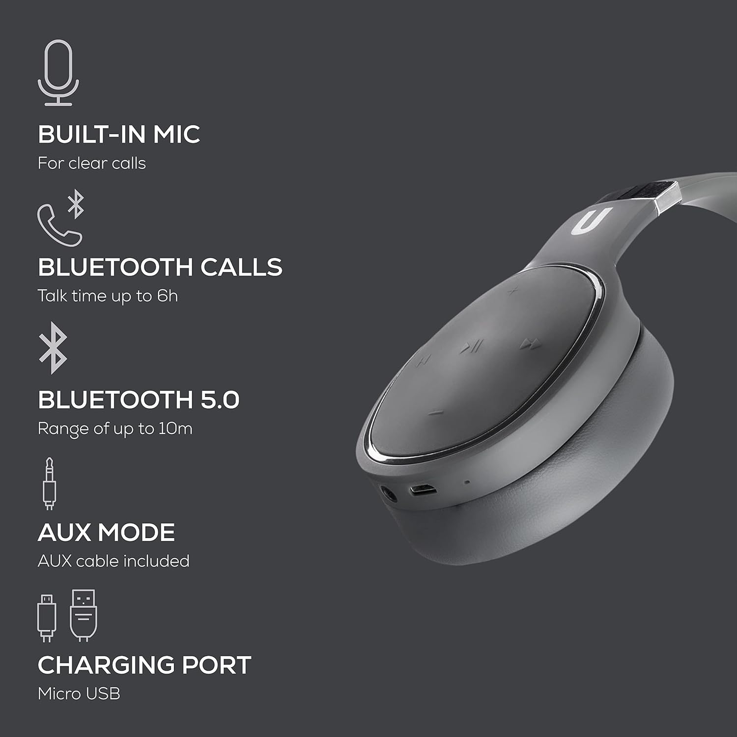 UnoSounds Bass Blast Wireless Over Ear Bluetooth Headphones, Noise Reducing, Comfortable Design, Built in Mic and Wired Mode for Mobile, PC & TV, includes 3.5mm Aux Cable and USB Charger (White)