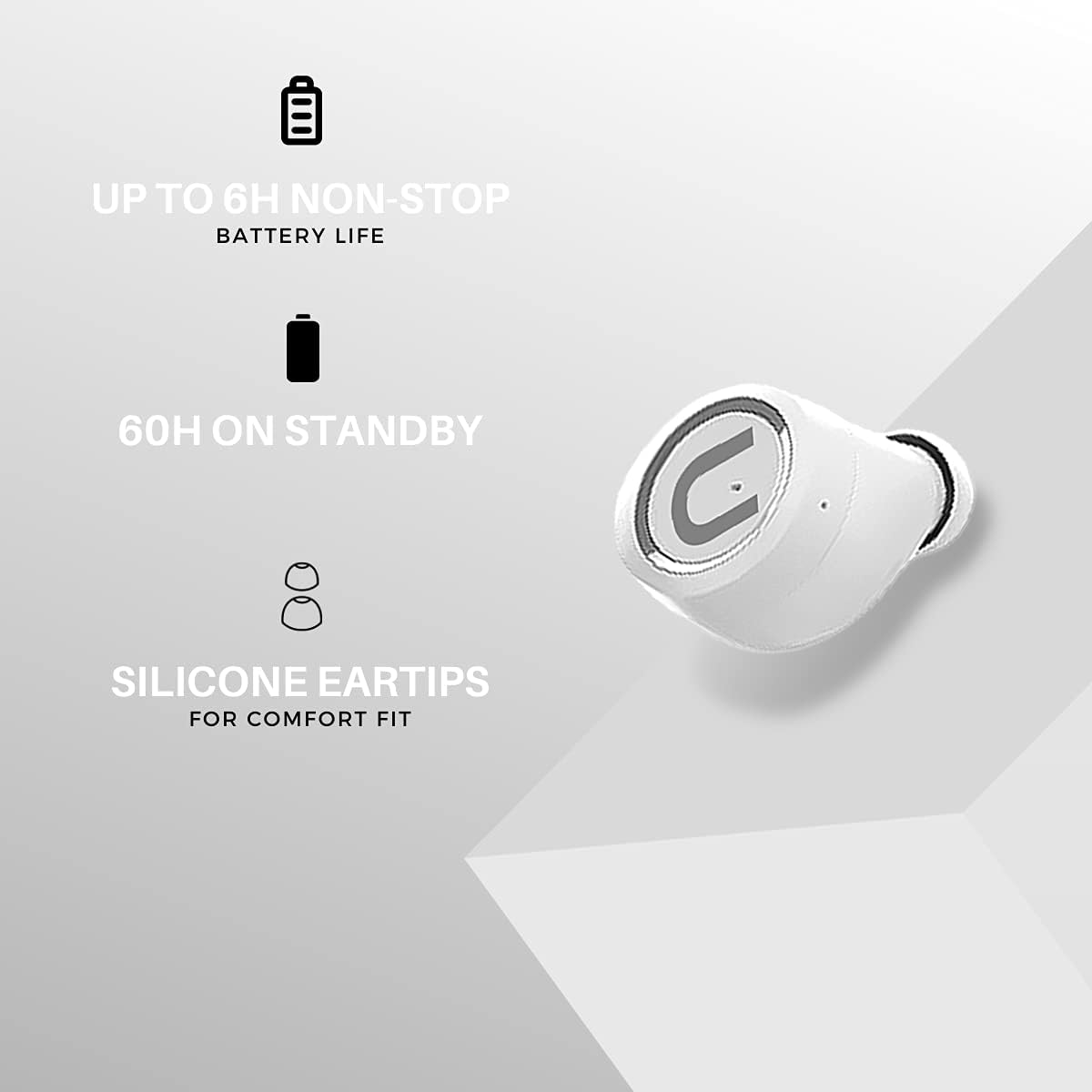 Unosounds Ubuds+ True Wireless Bluetooth 5.0 Earbuds + Improved Data Rate 60 Hours Standby / Hands-Free Calling / Automatic Pairing / Environmental Noise Cancellation - White