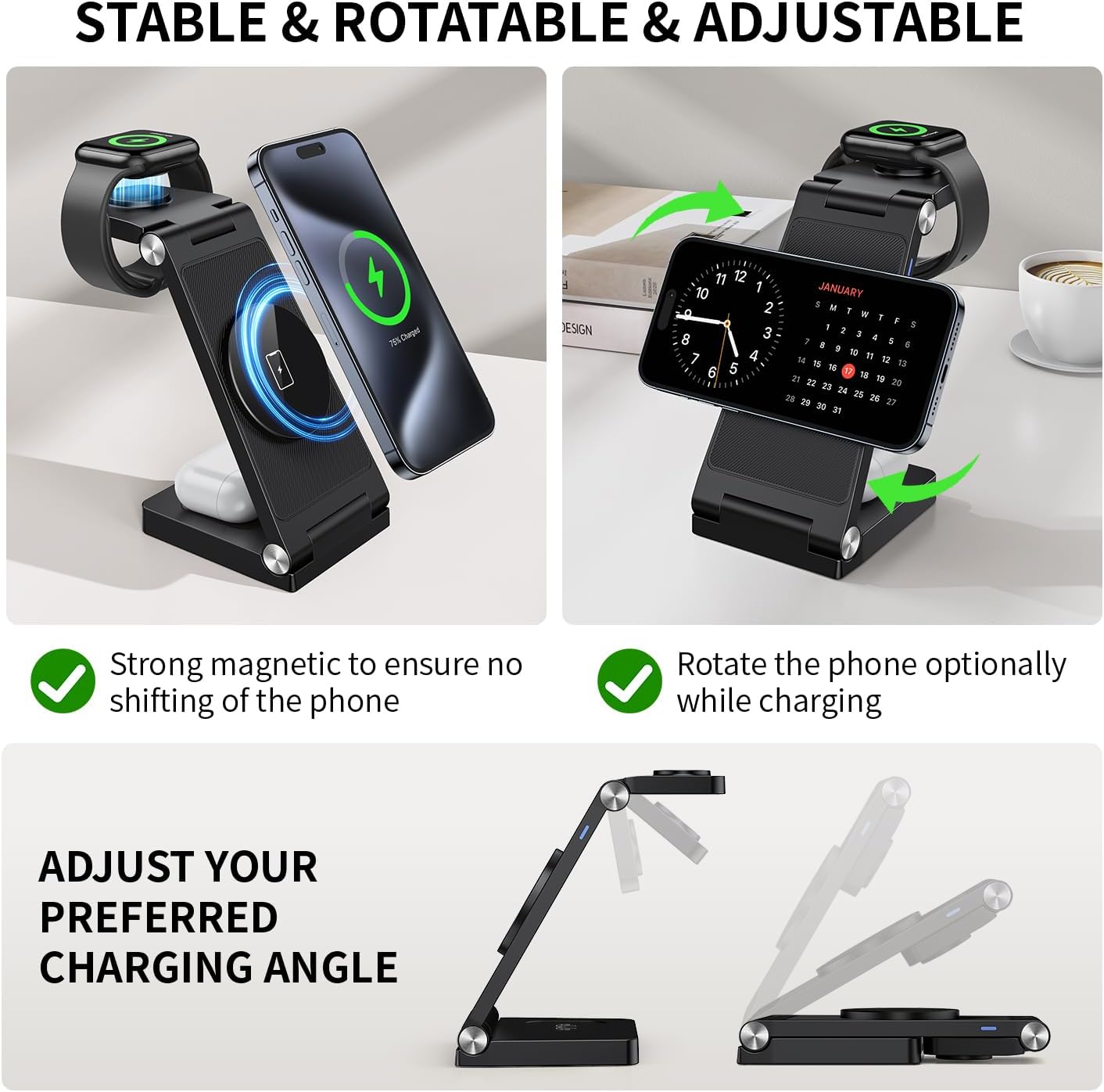 WSKEN Qi 3 in 1 Fast Wireless Charger Foldable Magnetic Charging Station