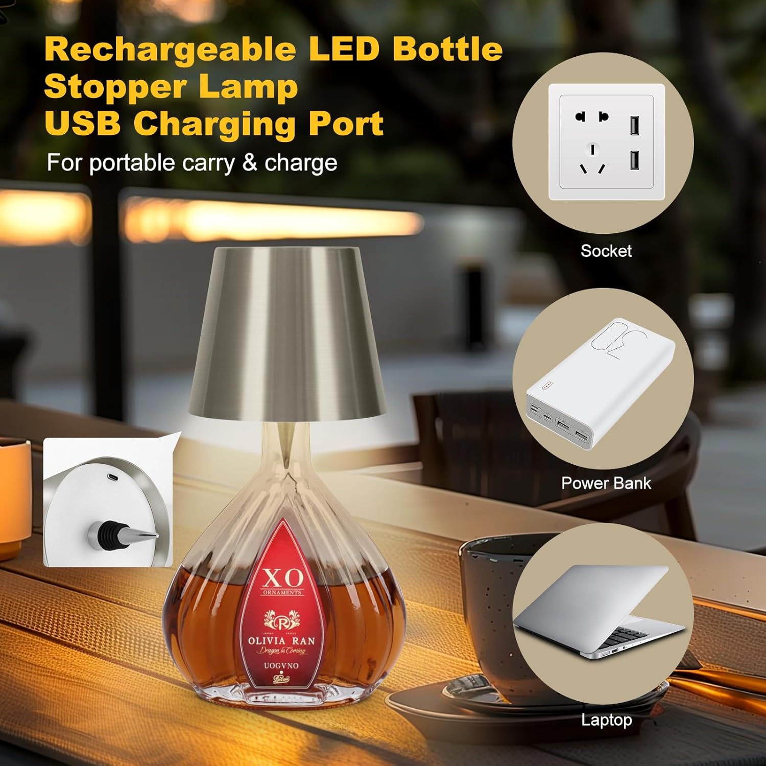 Wireless LED Wine Bottle Lamp, 3 Color Rechargeable Led Wine Bottle Lights for Bars Restaurants (Silver)