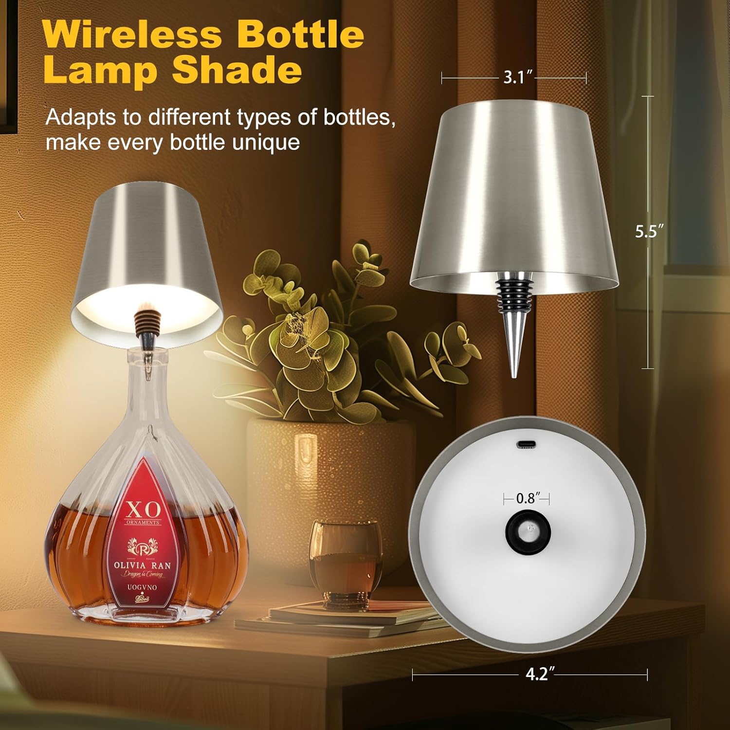Wireless LED Wine Bottle Lamp, 3 Color Rechargeable Led Wine Bottle Lights for Bars Restaurants (Silver)