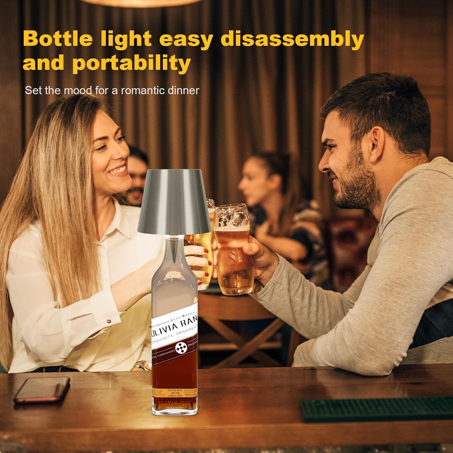 Wireless LED Wine Bottle Lamp, 3 Color Rechargeable Led Wine Bottle Lights for Bars Restaurants (Silver)