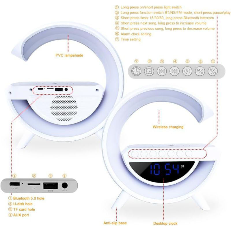 Wireless Speaker Charger, G Shaped LED Wireless Table Speaker Atmosphere Night Light Wireless Charger Led Alarm Clock Dimmable Ambient Light LED Wireless Charging Speaker for Office Bedroom (UK Import)