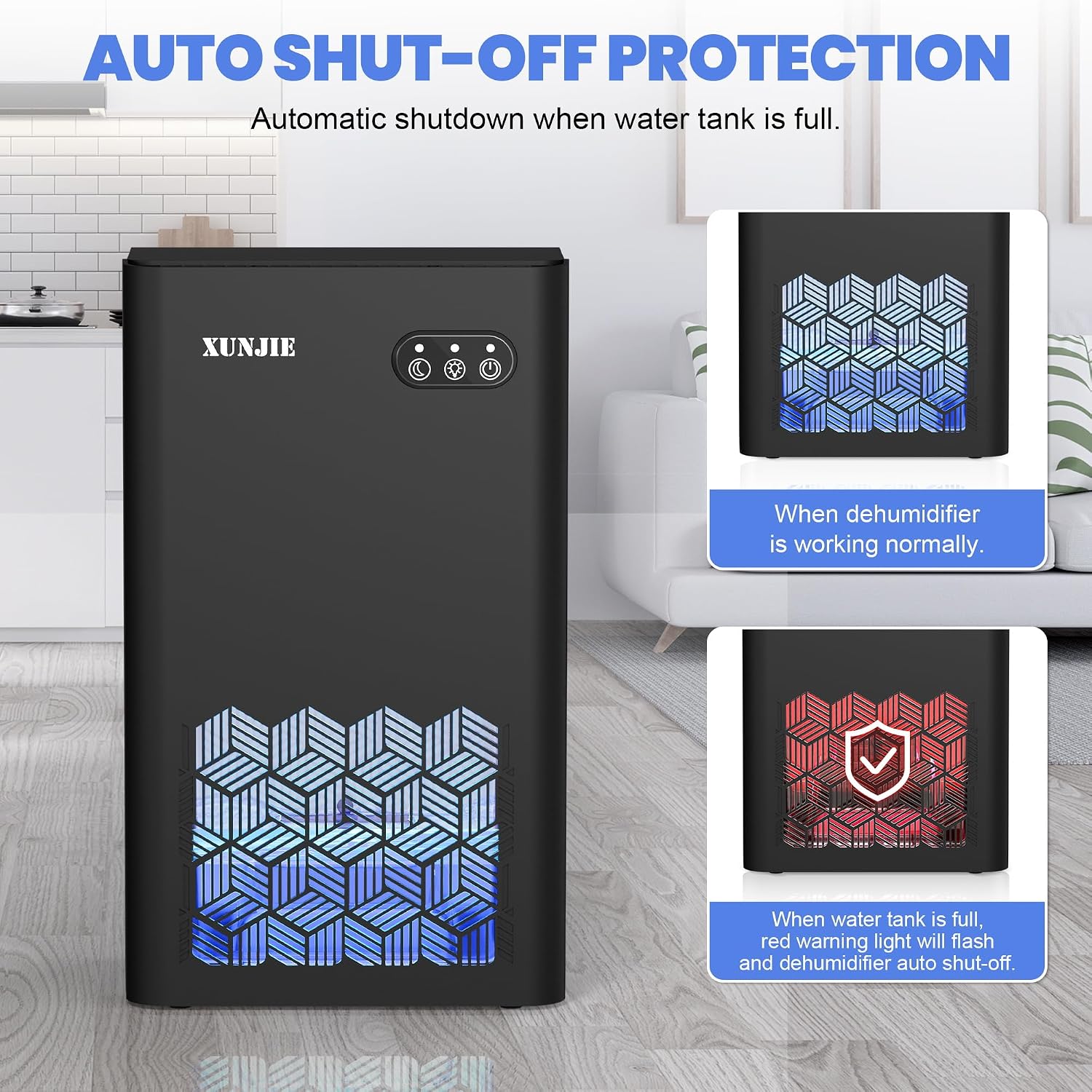 XUNJIE Dehumidifiers for Home, 2300ml Dehumidifier - Ultra Quiet & Auto Defrost 7 Colour LED Light Auto Shut Off - Ideal for Bedroom Bathroom RV Car Kitchen Garage Damp Removal (Black)