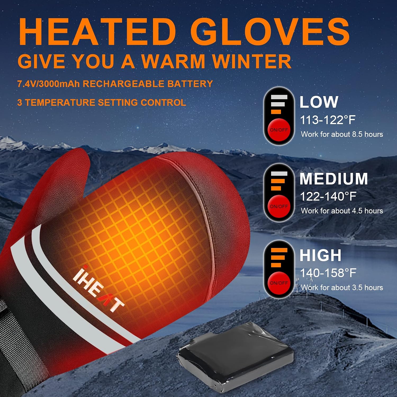 iHEAT Heated Mittens Glove for Men Women, Heated Gloves 7.4V Electric Rechargeable Battery Gloves (M)