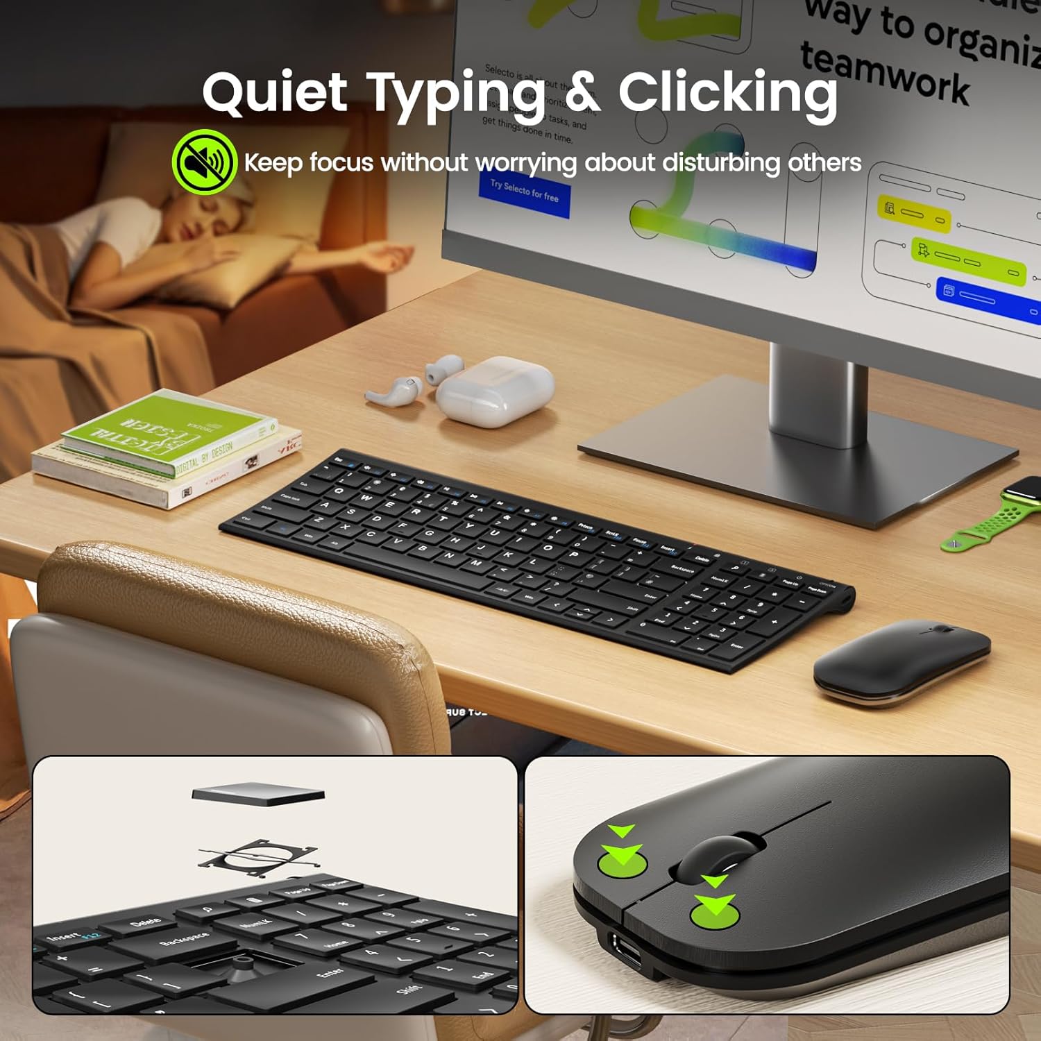 Seenda WGJP-031B Wireless Keyboard Mouse Set, Ultra Thin Compact Rechargeable Aluminum Silent Computer Keyboard & Mouse Combo UK QWERTY Layout for Office, Home, Business